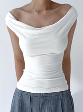 Schmal geschnittenes, ärmelloses, rückenfreies, einfarbiges, schulterfreies T-Shirt-Oberteil mit Schlitz